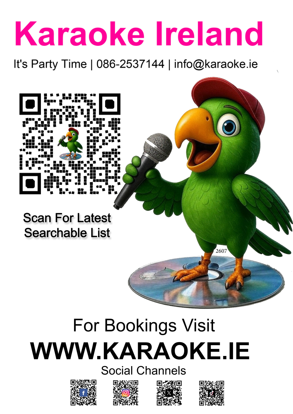 Actual Karaoke Ireland printed songbook cover, featuring the parrot and song-list QR code