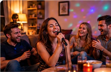 Friends singing karaoke together at a house party